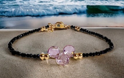 Black Tourmaline with Pink Amethyst Hearts Bracelet