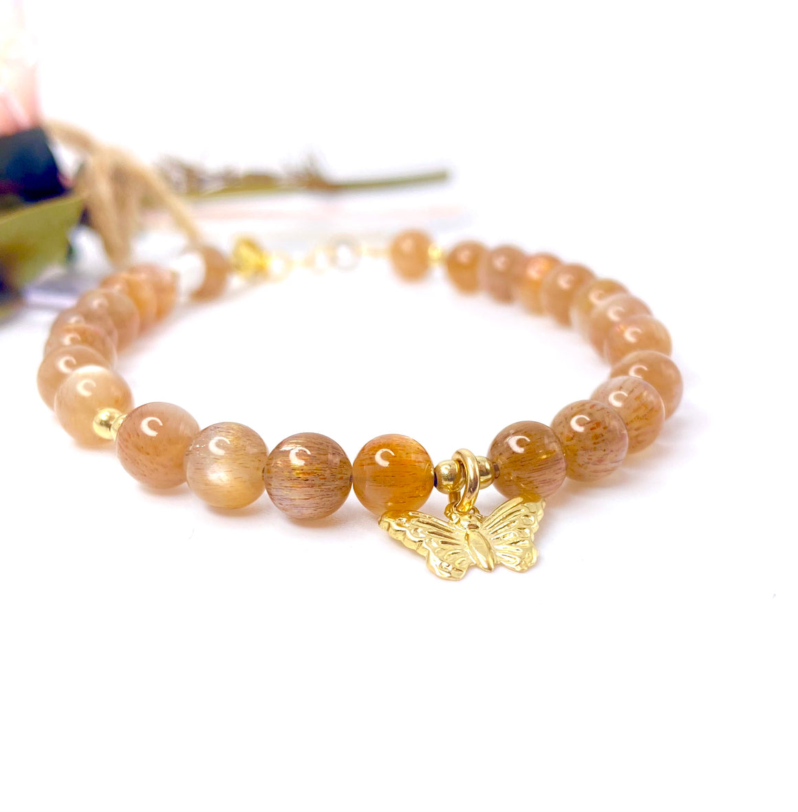 Moonstone & Sunstone Butterfly Charm 14K Gold Filled Bracelet