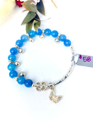 Aquamarine with Butterfly Charm Sterling Silver Stretch Bracelet