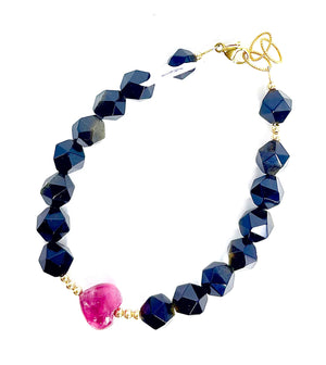 Gold Sheen Obsidian & Pink Emerald Heart 14K Gold Filled Bracelet