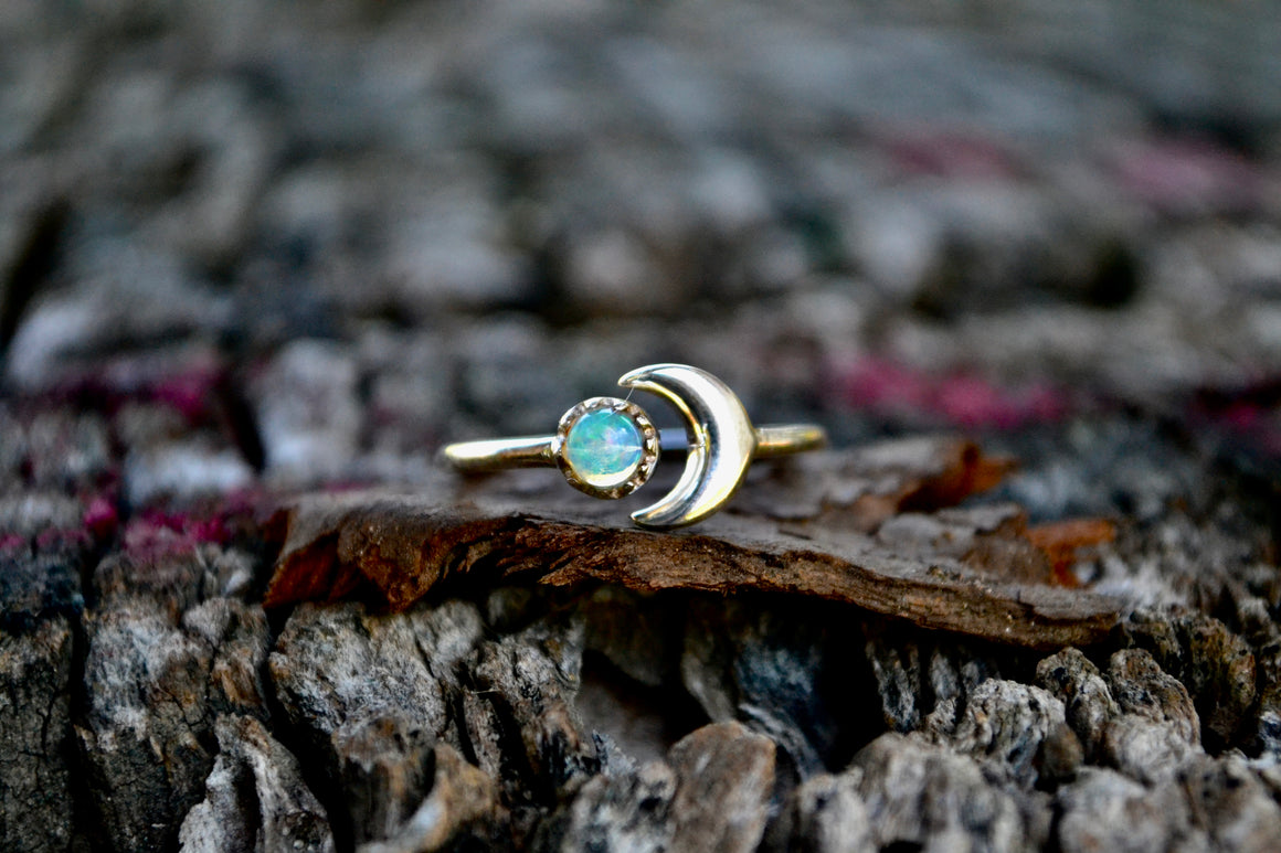 Opal with Moon Sterling Silver Ring