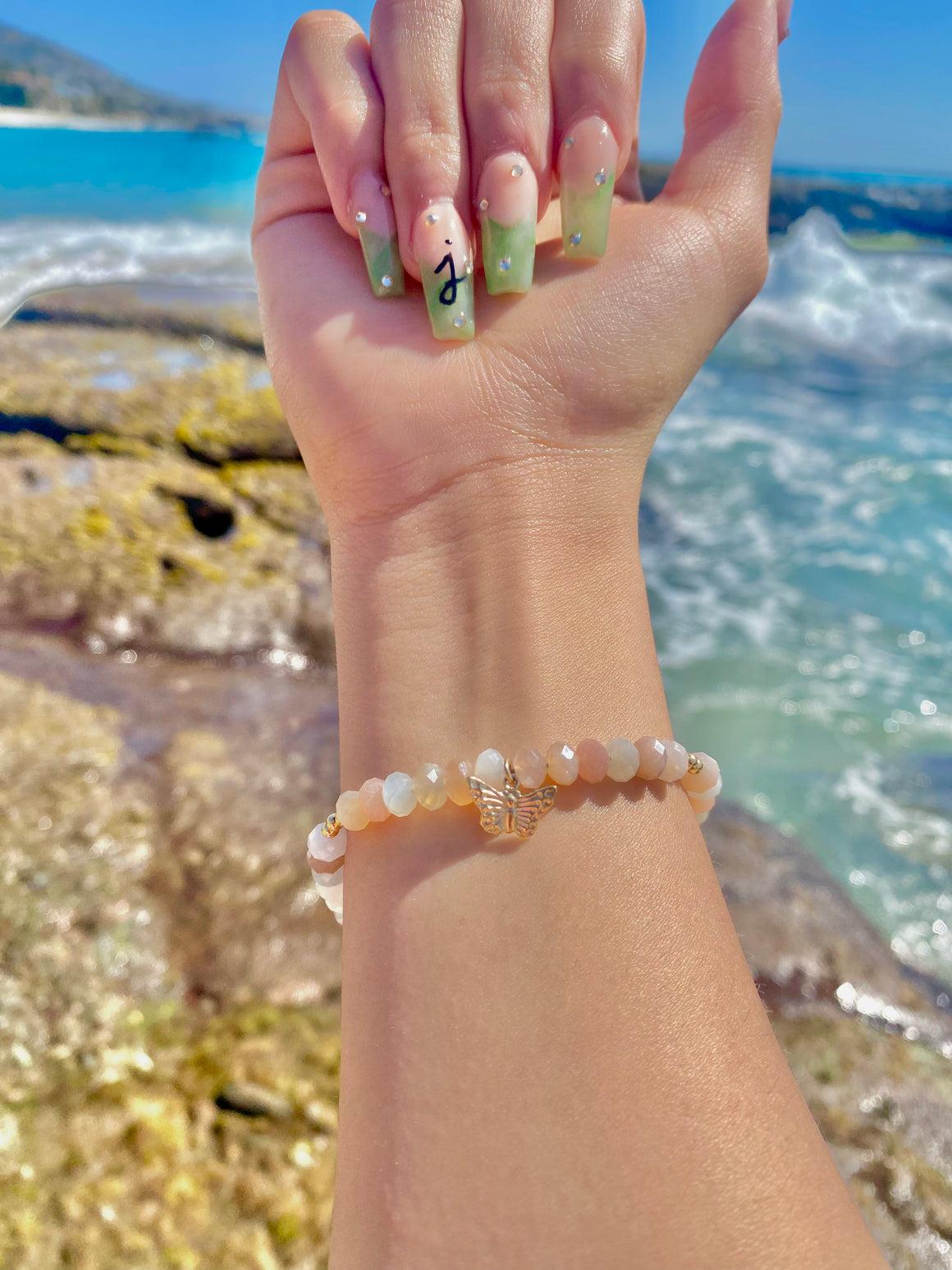 Multicolor Moonstone Bracelet With Butterfly
