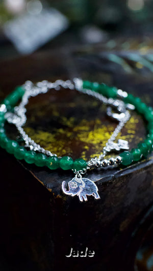 Dark Green Jade with Elephant Owl Lucky 7 Horse Shoe Charms Sterling Silver Bracelet