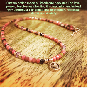 Rhodonite Necklace for Love, Compassion, Forgiveness, Healing, Mixed with Amethyst For Protection, stress and anxiety