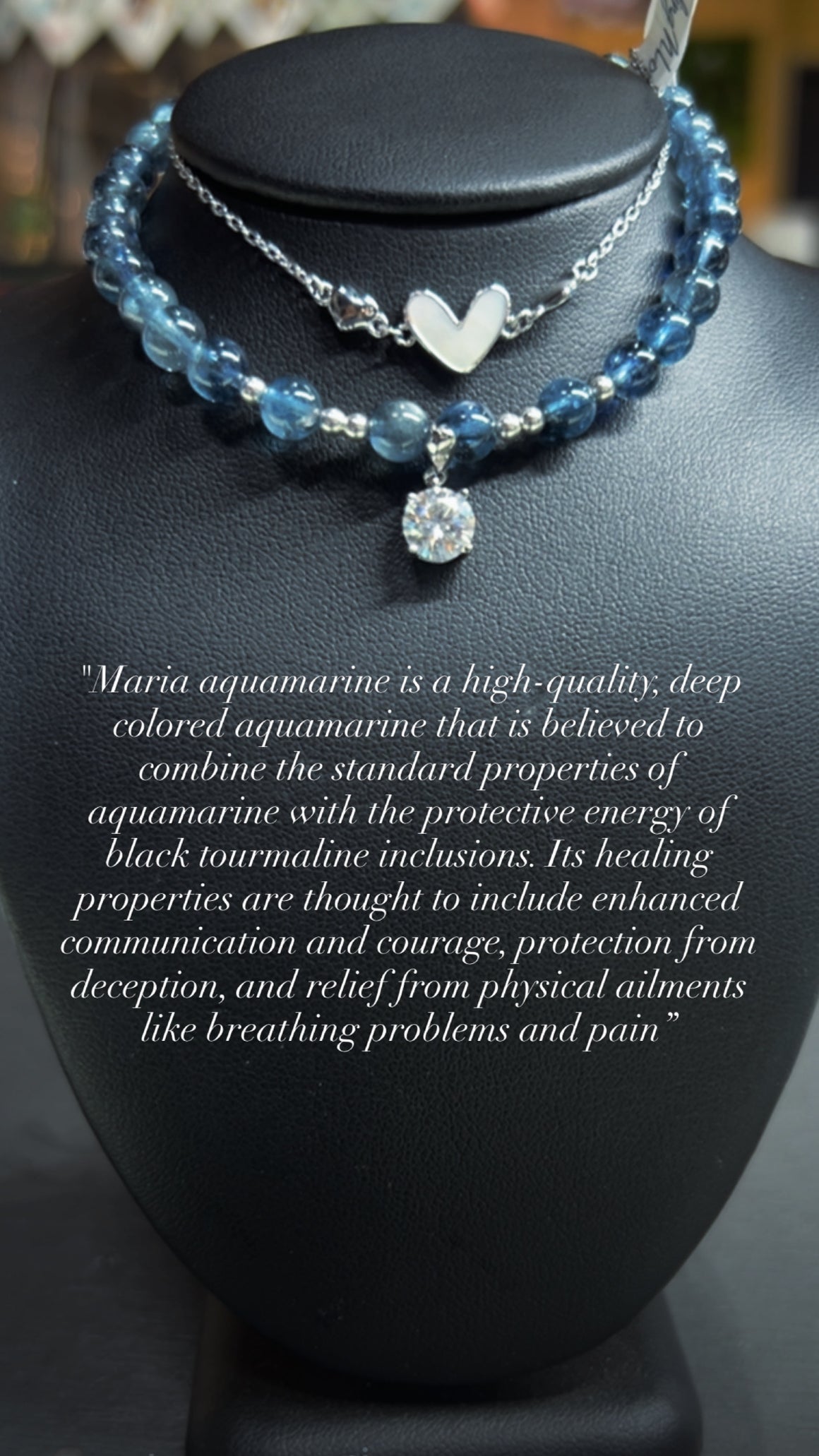 Maria Aquamarine Double Chain with Mother Of Peal Heart in Sterling Silver