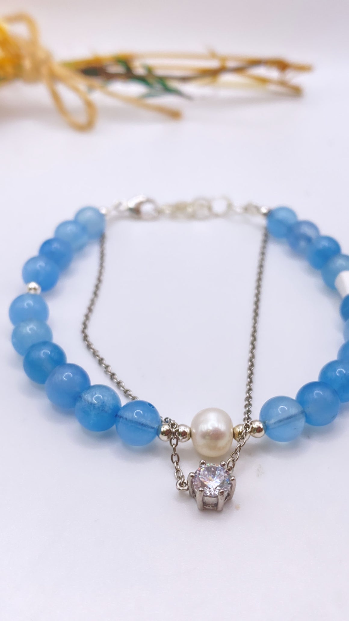 Aquamarine and Pearl Sterling Silver Bracelet