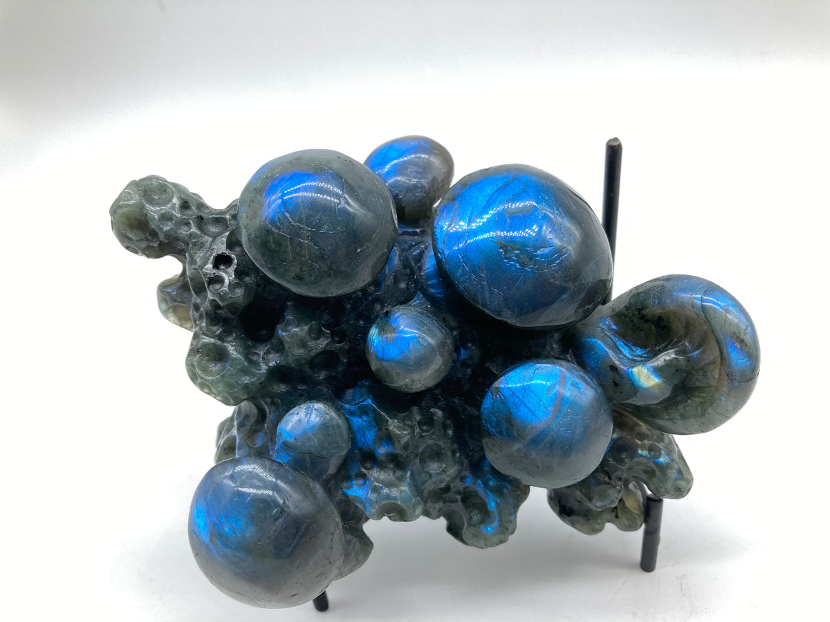 A blue flash labradorite mushroom garden carving with a glossy finish.