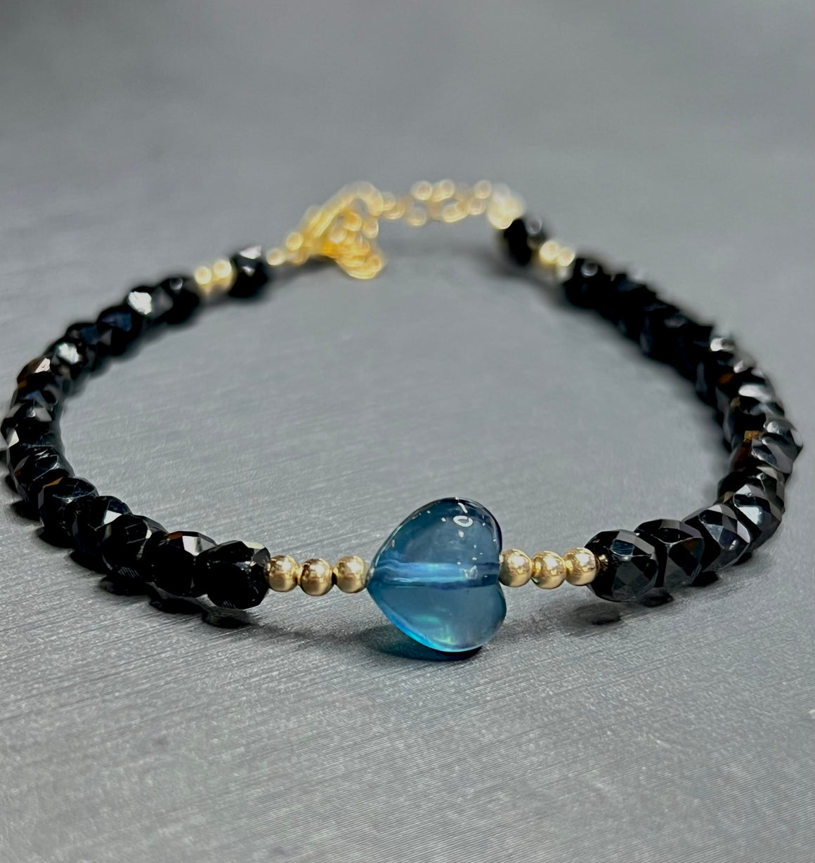 Black Tourmaline with Aquamarine Heart 14K Gold Fill Bracelet