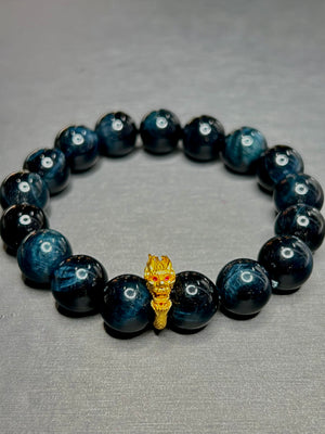 Blue Tigers Eye with Ruby Eyed Dragon Charm Men's Stretch Bracelet