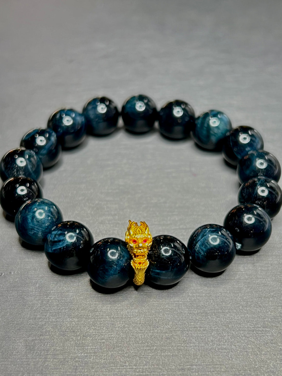 Blue Tigers Eye with Ruby Eyed Dragon Charm Men's Stretch Bracelet