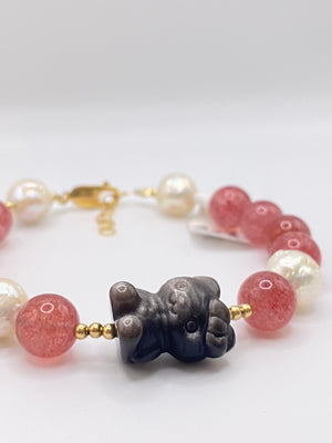 Hello Kitty Obsidian, Strawberry Quartz, & Pearls 14K Gold Filled Bracelet