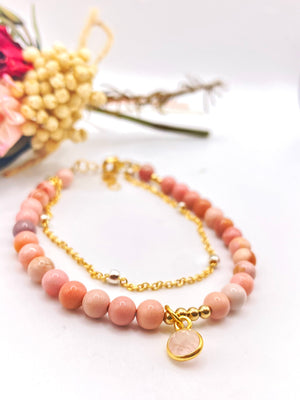 Pink Opal and Rose Quartz 14K Gold Filled Bracelet