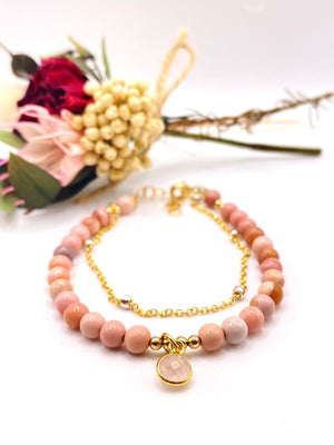Pink Opal and Rose Quartz 14K Gold Filled Bracelet