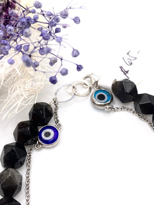 Gray Sheen & Snowflake Obsidian with Sterling Silver Evil Eye Bracelet