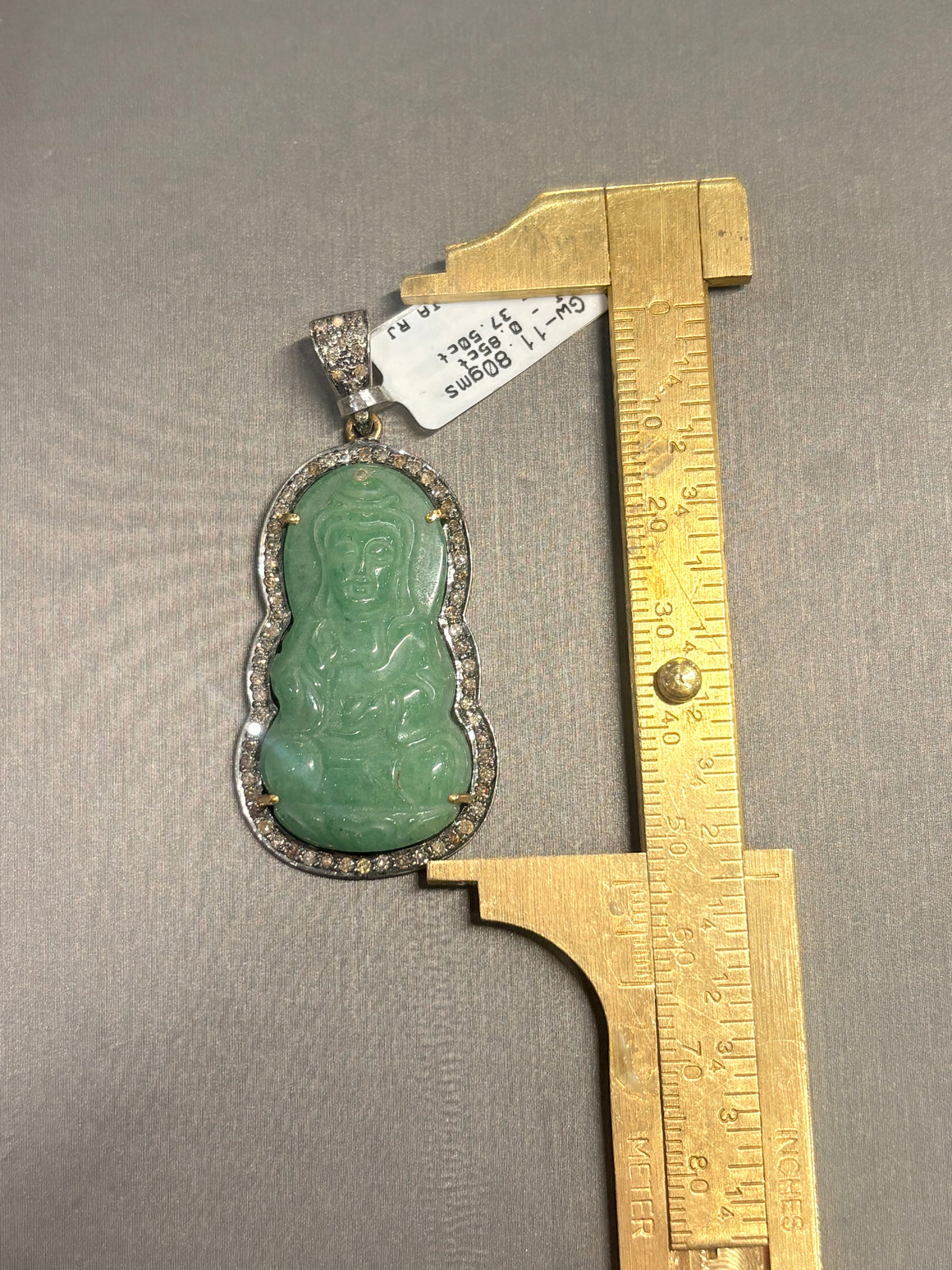 Natural Green Jade Guanyin Pendant with 0.85ct Champagne Diamond Pavé Frame — Hand-Carved Goddess of Mercy Pendant