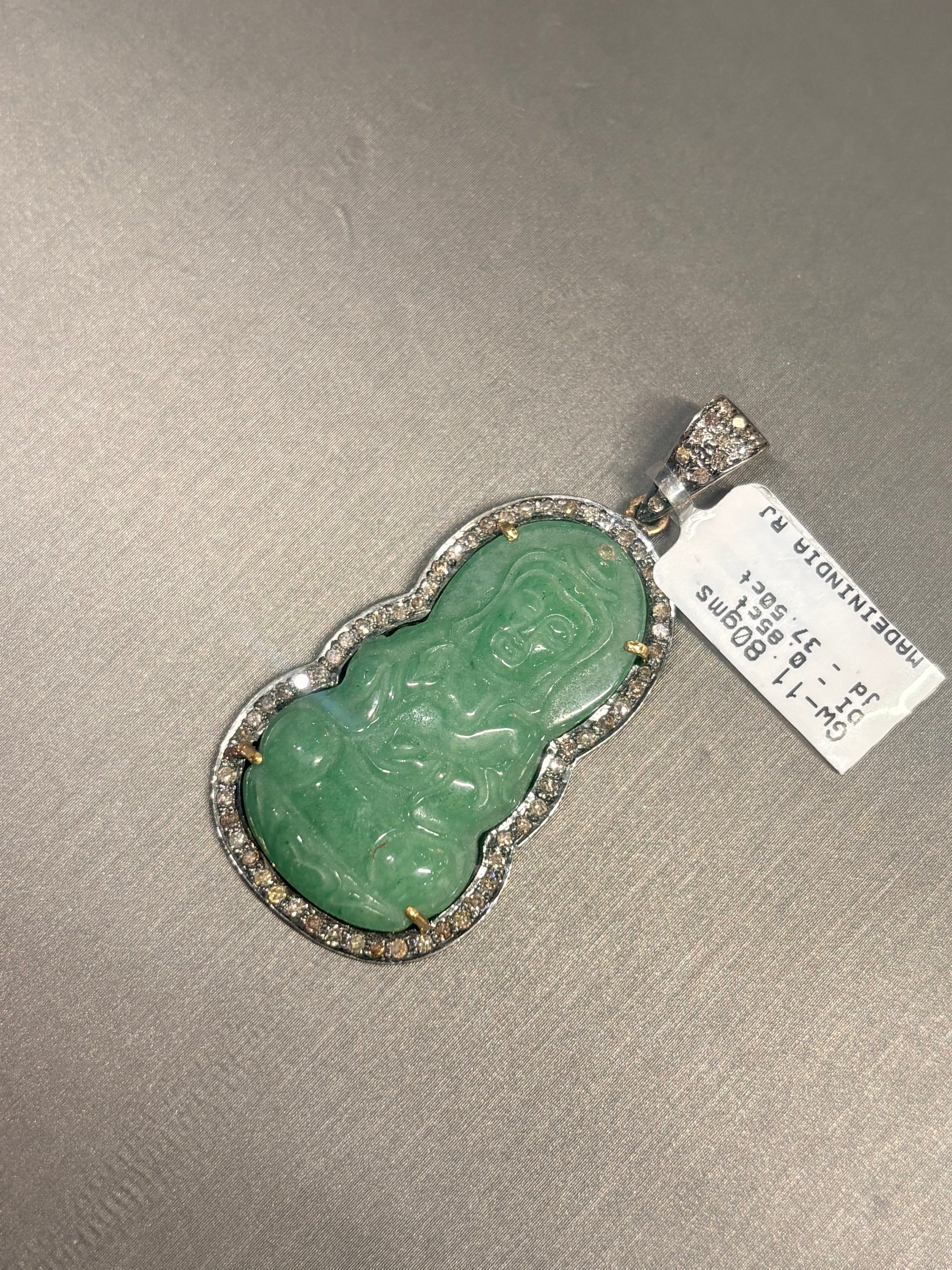 Natural Green Jade Guanyin Pendant with 0.85ct Champagne Diamond Pavé Frame — Hand-Carved Goddess of Mercy Pendant