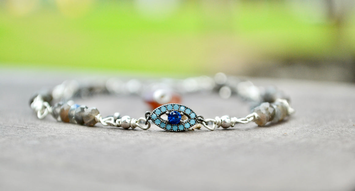 Labradorite with Evil Eye and Dangling Mystic Moonstone Healing Gemstone Bracelet