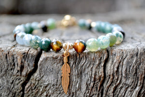 Moss Agate Tigers Eye Healing Stone Bracelet with Feather Charm
