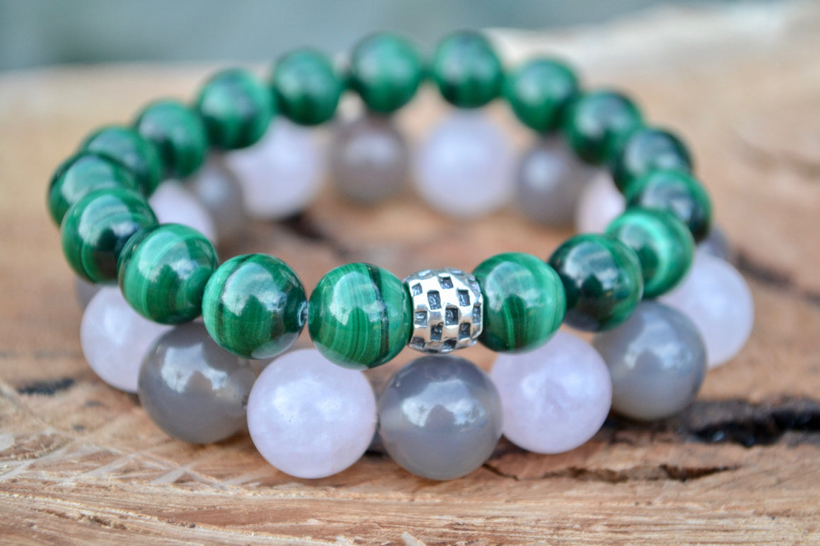 Grey Agate and Rose Quartz Unisex Bracelet Healing Love Power Strength Positivity