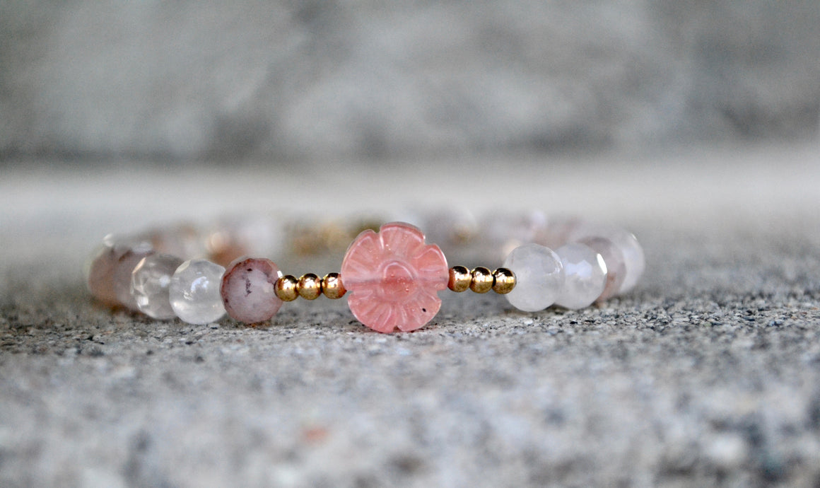 Strawberry Rose Quartz Bracelet with Carved Flower