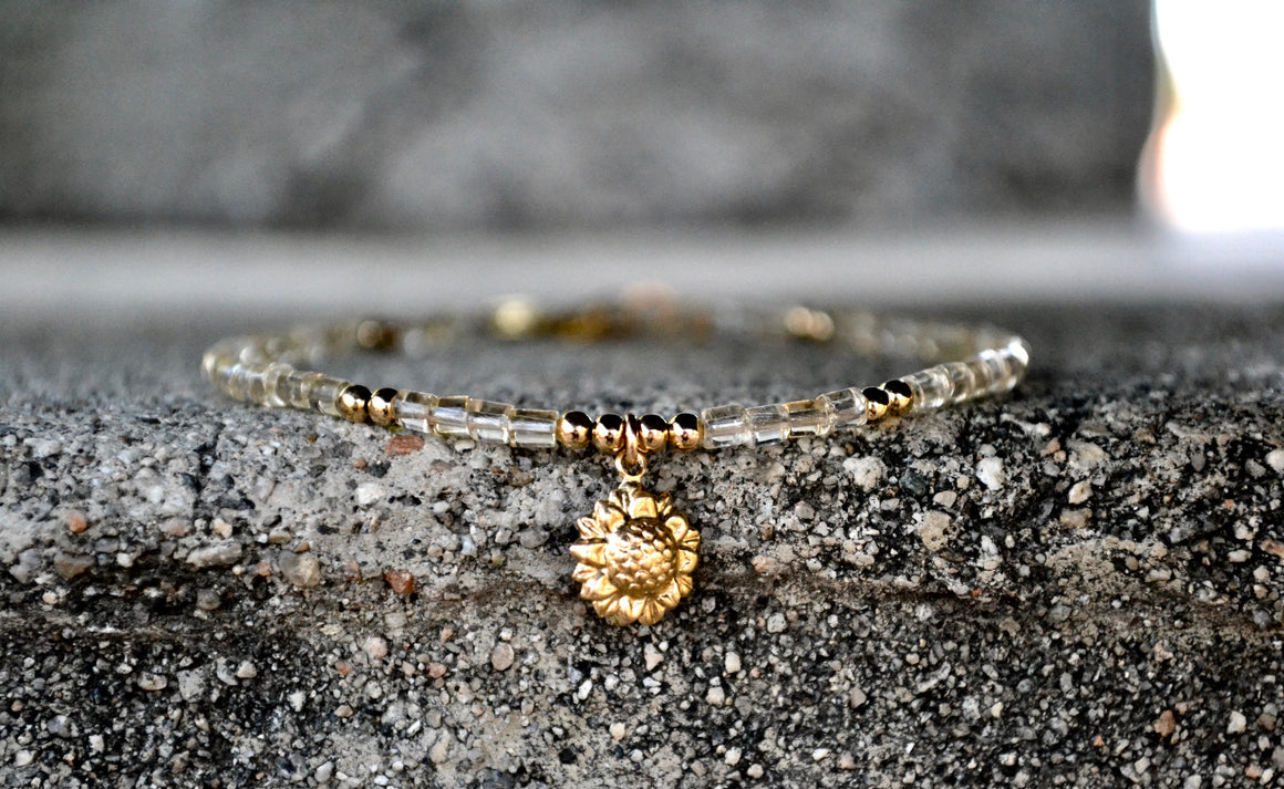 Clear Quartz with Gold Sunflower Charm Clasp Bracelet