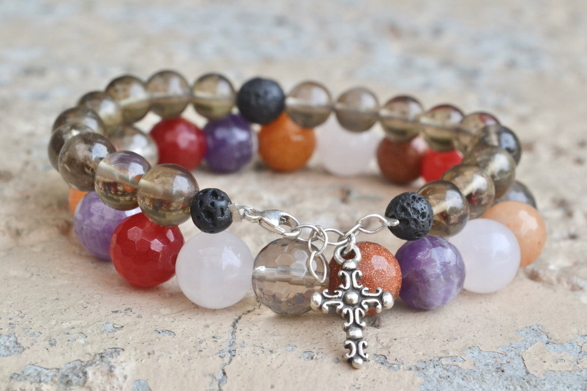 Smokey Quartz & Lava with Cross Charm Bracelet