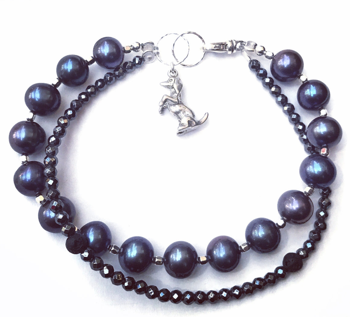 Double Bracelet Genuine Pearls with Black Hematite and Dog Sterling silver Bracelet