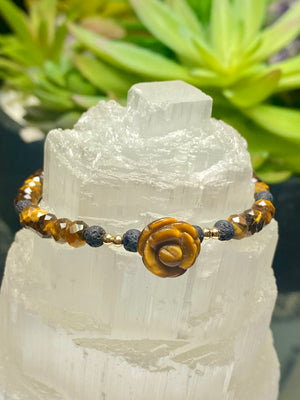 Faceted Tiger's Eye Bracelet with Flower Charm and Lava Rock - Stone of Optimism - Wealth, Fortune, Success