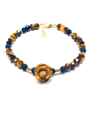 Faceted Tiger's Eye Bracelet with Flower Charm and Lava Rock - Stone of Optimism - Wealth, Fortune, Success