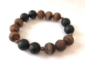 Earthy Stack-Black Matte Agate/ African Turquoise/DZI Healing Protection Communication