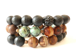 Earthy Stack-Black Matte Agate/ African Turquoise/DZI Healing Protection Communication