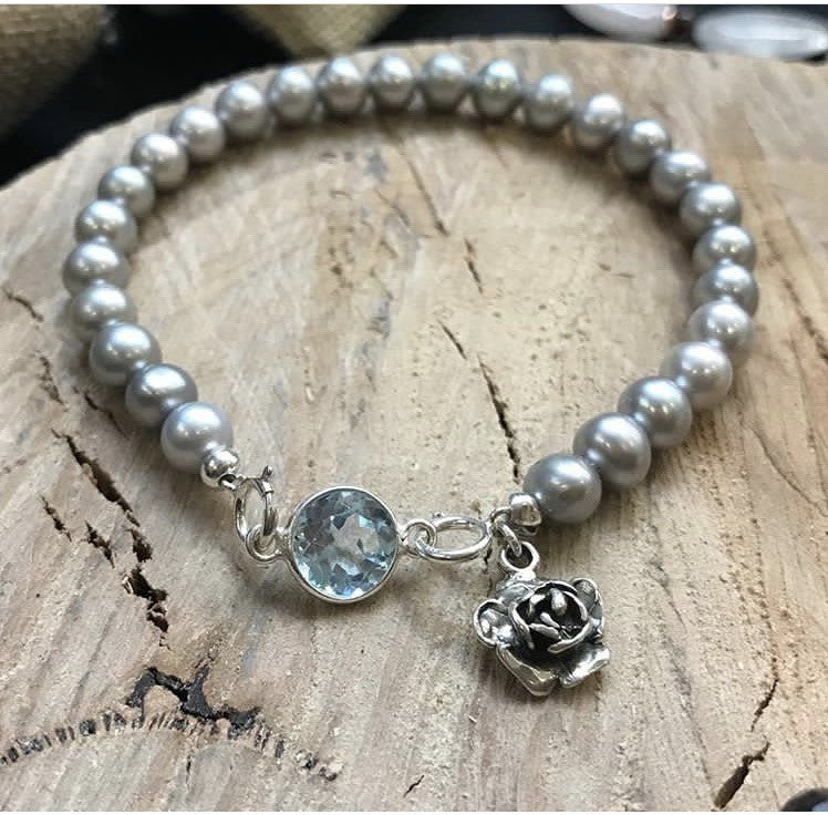 Silver Gray Pearls and Aquamarine Flower Protection Trust and Letting Go