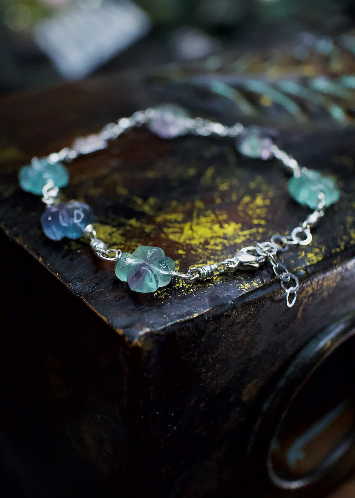 Fluorite Four Leaf Clover with Sterling Silver Hamsa Hand Bracelet