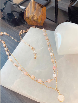 Cube Pink Opal Necklace 14k Gold Fill Doubled with Chain and Crystal Druzy Pendant