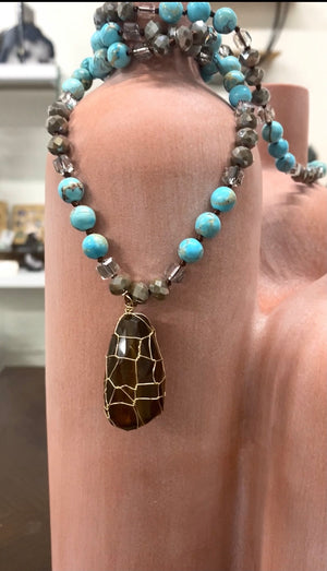 Long Turquoise Necklace with Large Wired Smokey Quartz  Pendant -VALTURQ-N