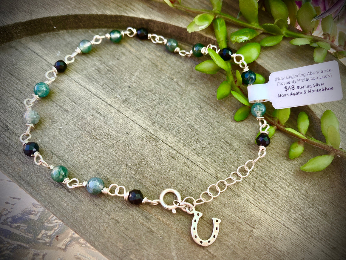 Sterling Silver Anklet made of Green Moss Agate & Black Agate for New Beginning, Abundance, Prosperity, Success, Healing, Positivity
