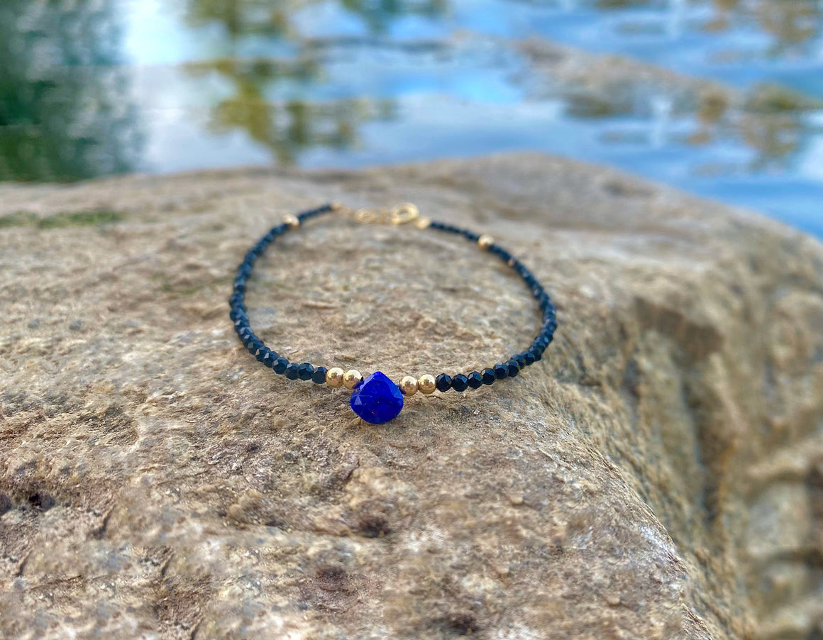 Black Diamond Cut Spinel with Royal Blue Lapis Lazuli Bracelet