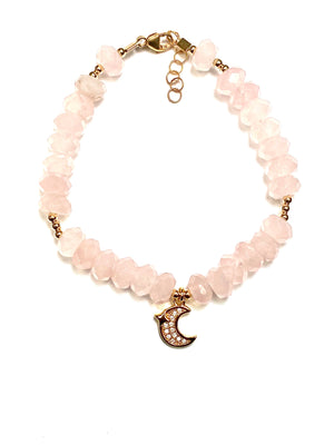 Faceted Rose Quartz Bracelet with Moon Charm for Love, Peace and Happiness