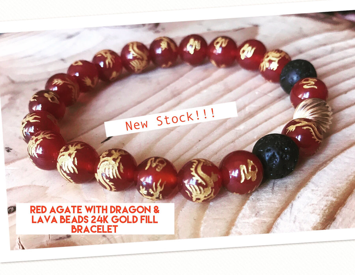 Gold Dragon Etched w/ Lava Beads & 24k Gold Fill Bracelet