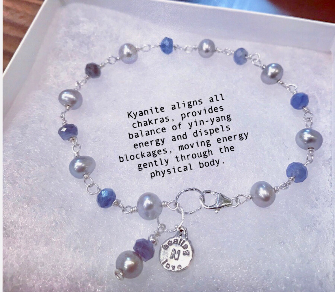 Blue Kyanite and Silver Gray Pearls For Chakra Balancing, Remove Energy Blockage