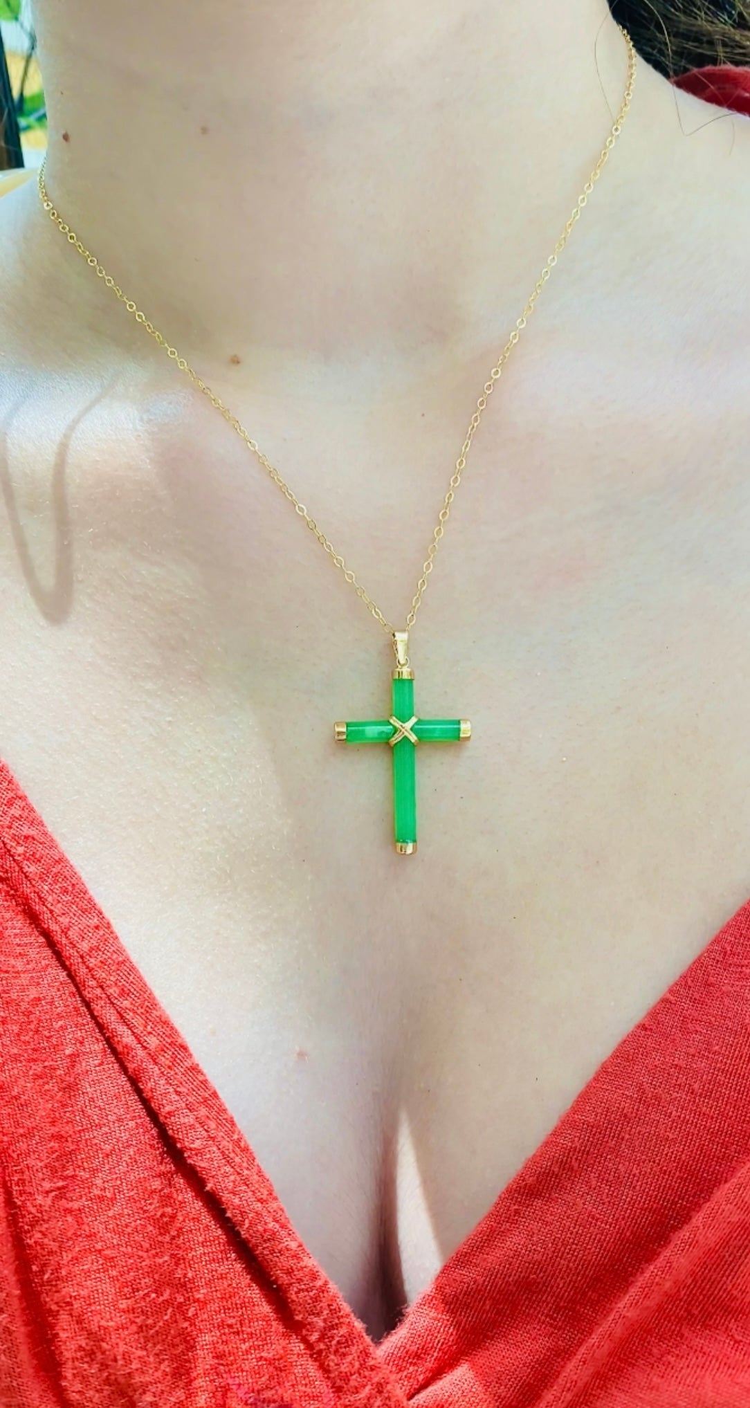 Jade Cross in 14k yellow Gold for Prosperity Wisdom Peace