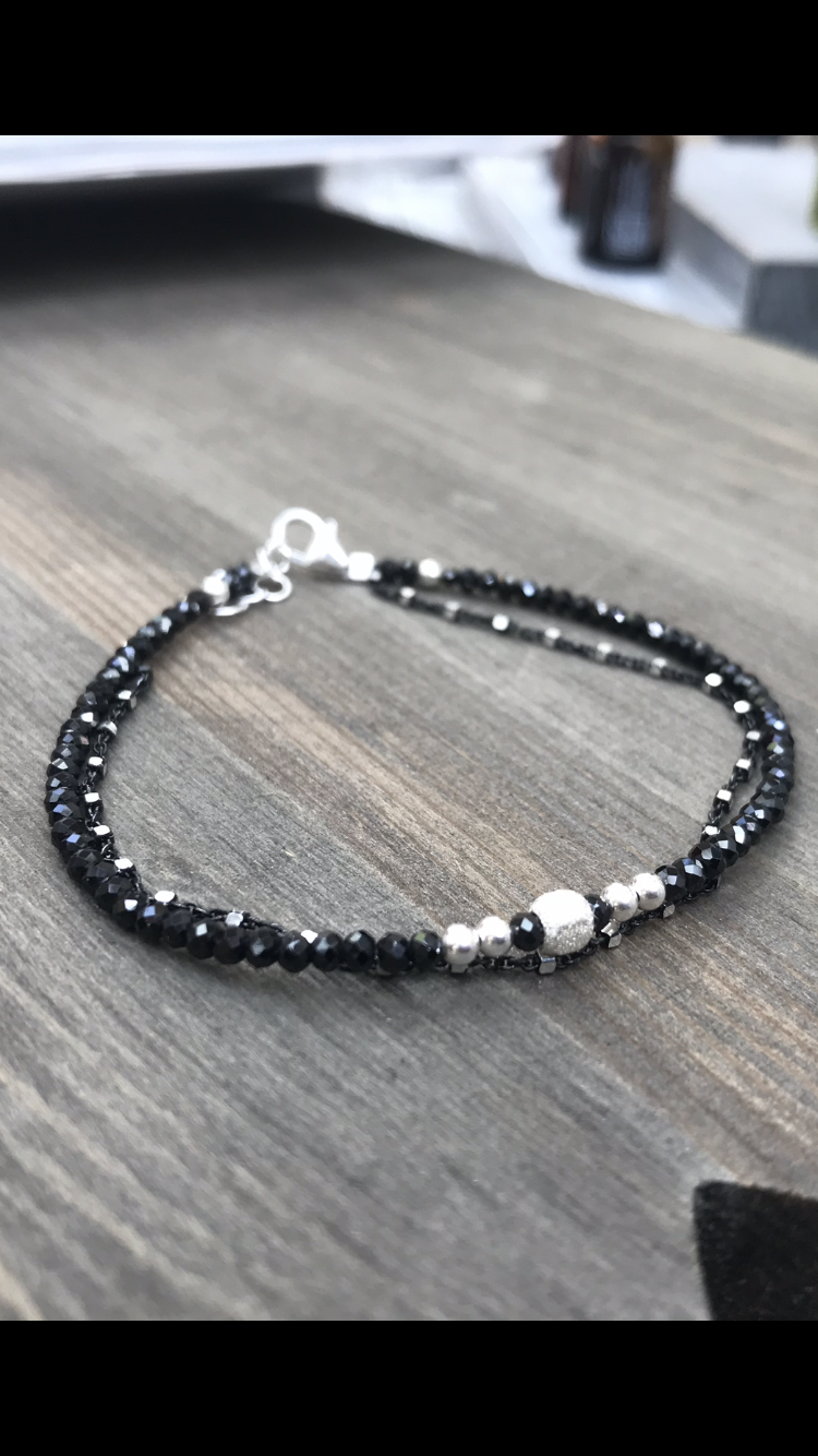 Black Spinel Faceted Gemstone Doubled with black sterling silver chain