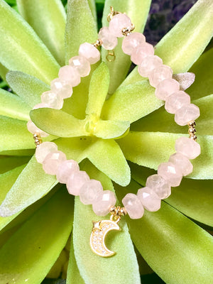 Faceted Rose Quartz Bracelet with Moon Charm for Love, Peace and Happiness