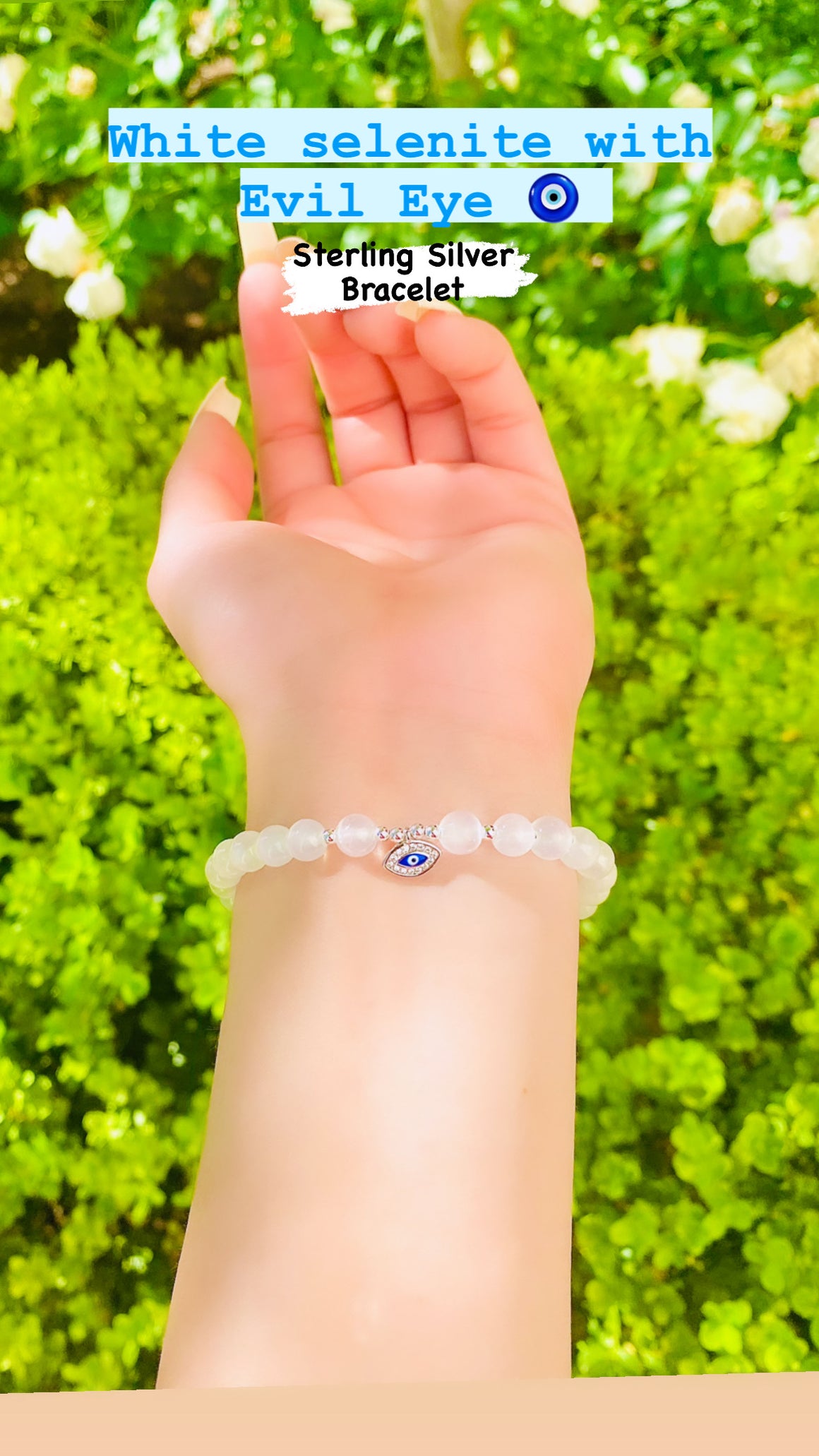 White Selenite Bracelet with Evil Eye Charm Sterling Silver